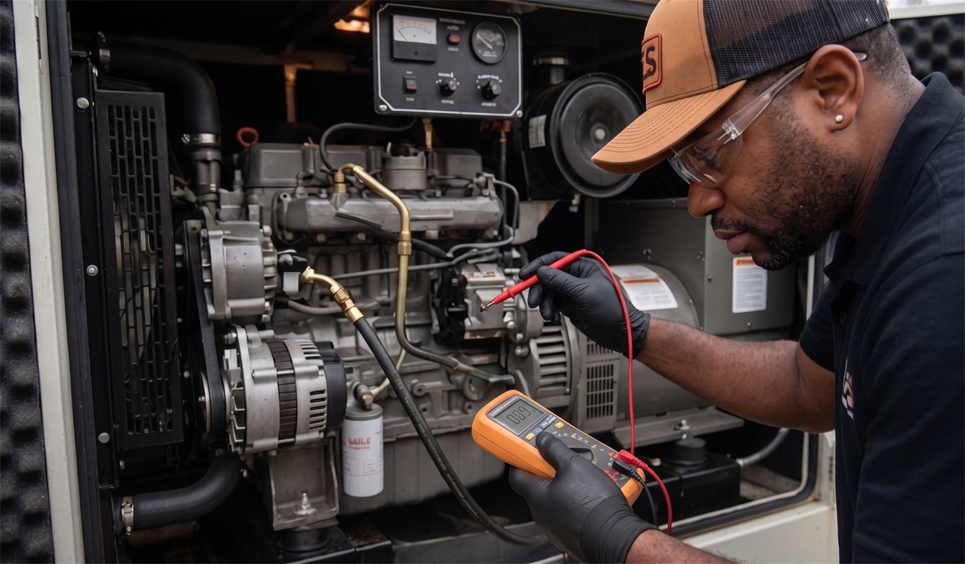 IES electrician Jimmy testing a standby generator with a digital multimeter