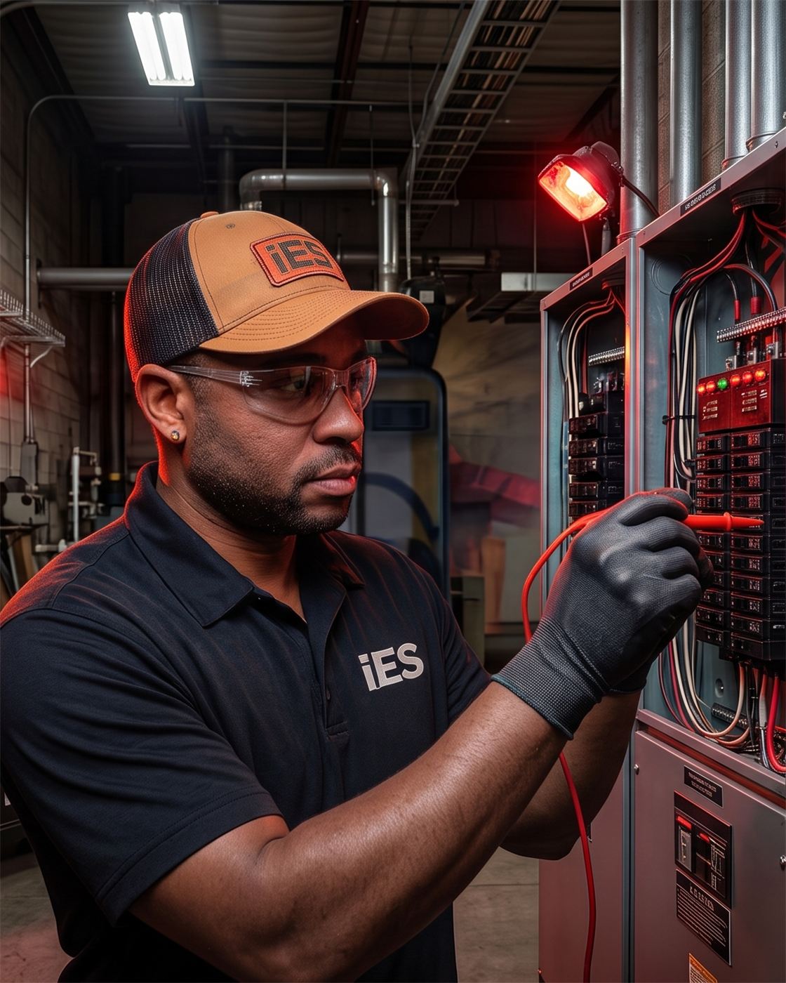 IES electrician Jimmy testing an electrical panel with a multimeter, panel light on